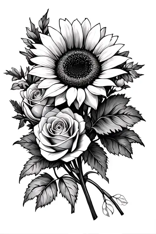 Sunflower rose honeysuckle violet iris primrose bouquet tattoo design idea