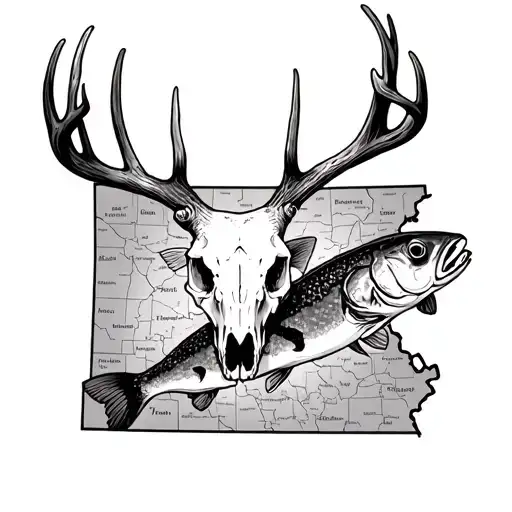 Include the map of Kansas, walleye fish, and white tail deer skull, make it realistic, don't combine them tattoo design idea