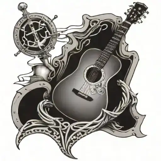 black and white tattoo of an acoustic guitar in a ship anchor  tattoo design idea