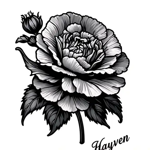 a carnation with the word 'Hayven' underneath in a fancy cursive tattoo design idea