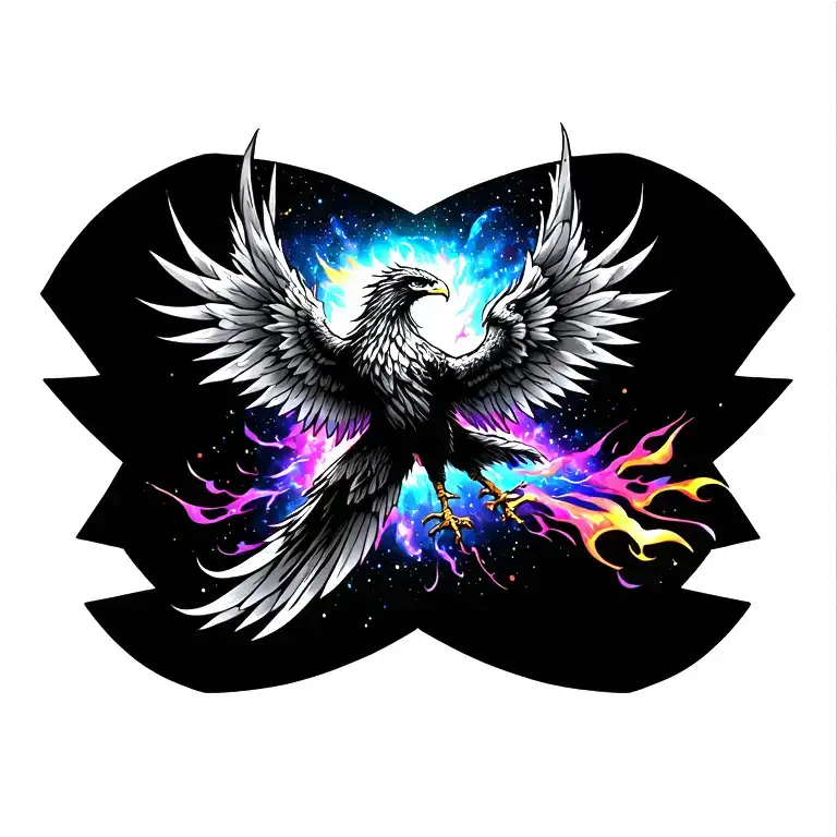a centered black and white phoenix with wisps of colored fire coming from the wing tips exploding out of a galaxy tattoo design idea