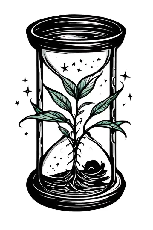 A small hourglass with a sprouting plant inside it from and only in th Bottom bulb. and on top bulb ther are small stars tattoo design idea
