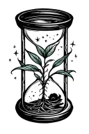 A small hourglass with a sprouting plant inside it from and only in th Bottom bulb. and on top bulb ther are small stars tattoo design idea
