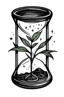 A small hourglass with a sprouting plant inside it from and only in th Bottom bulb. and on top bulb ther are small stars tattoo design idea