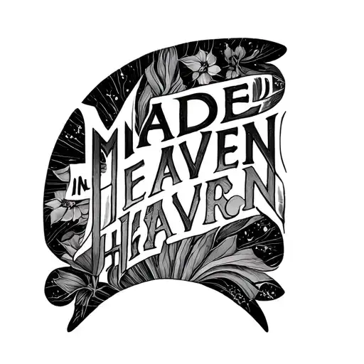 white background and the inscription MADE IN HEAVEN on it, in the shape of a semicircle, each word is moved to a new lin tattoo design idea