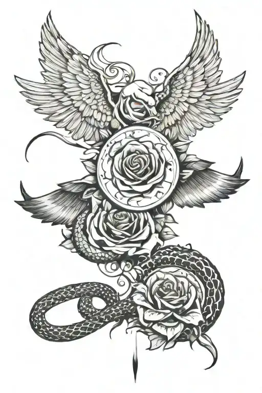big wing for all tattoos, water, rose and snake ouroboros with signs tattoo design idea