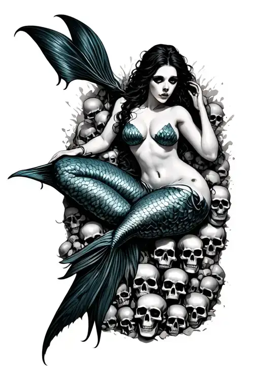 evil mermaid topless laying on a bed of skulls tattoo design idea