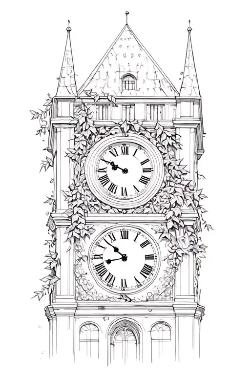 clock tower covered with ivy leaves tattoo design idea