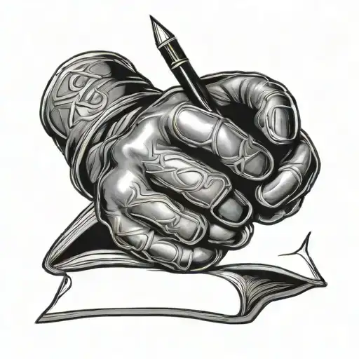 hands wearing MMA gloves writing on book with ink pen tattoo design idea
