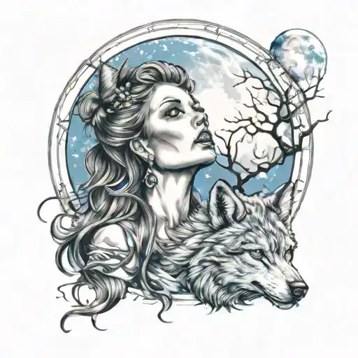 a woman witch with wolf howling at the moon with blue eyes  tattoo design idea