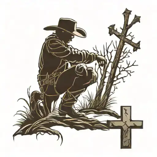 silhouette of a cowboy that is kneeling down next to a cross tattoo design idea