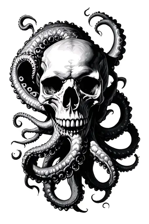 Create a detailed black-grey tattoo of a kraken engulfing a skull with tentacles tattoo design idea