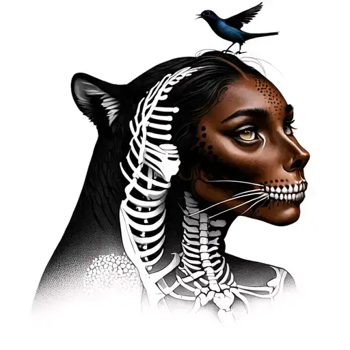 "On the right a panther" face of a brown woman: part living and the other skeleton, on the top of the head a nightingale. tattoo design idea