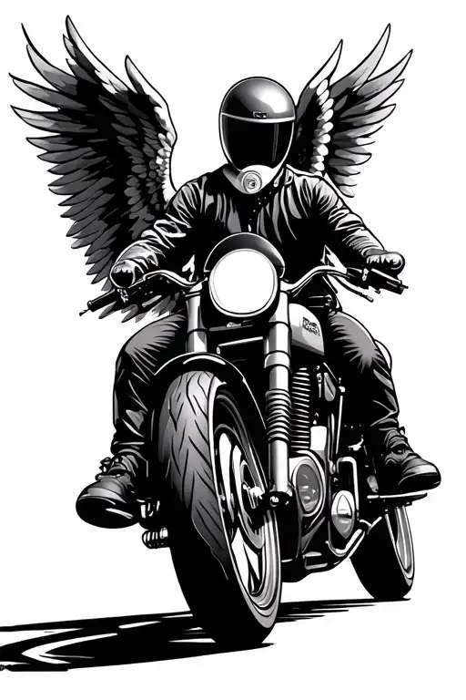 motorcycle rider with angel wings walking away tattoo design idea