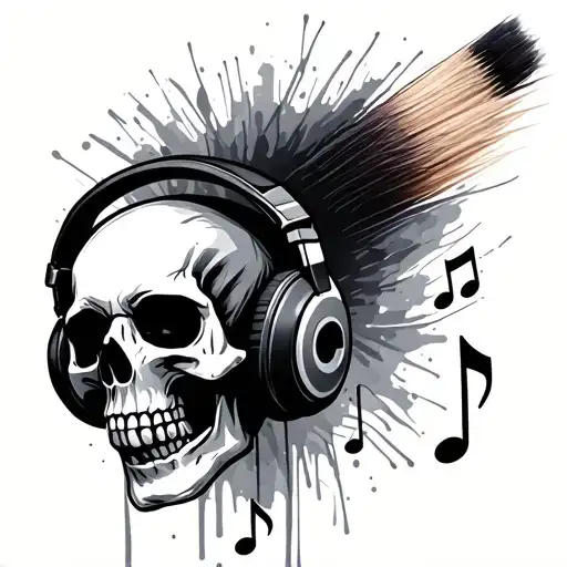 Music notes, paint brush with a skull wearing headphones tattoo design idea