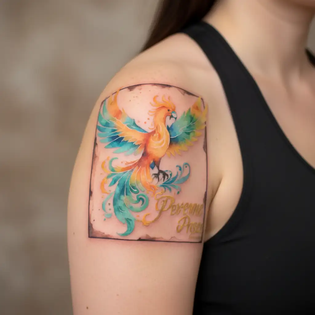 Phoenix raising from the ashes with the words Perseverance tattoo design idea
