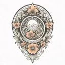 crescent moon, floral, symmetrical, art deco tattoo design idea