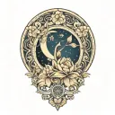 crescent moon, floral, symmetrical, art deco tattoo design idea