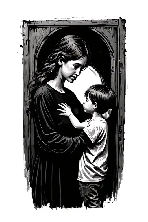 Happiness still sad inside. mom standing with his kid wondering tattoo design idea