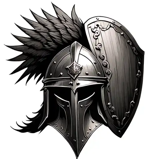 roman soldier helmet down shield showing controlled aggression tattoo design idea