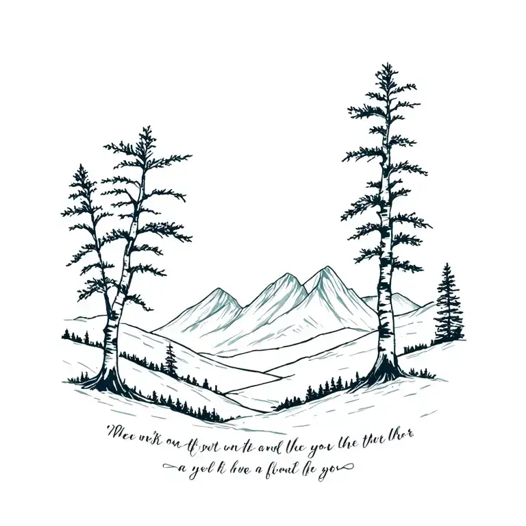 birch trees with mountains in the background with words in tiny print at the base  tattoo design idea