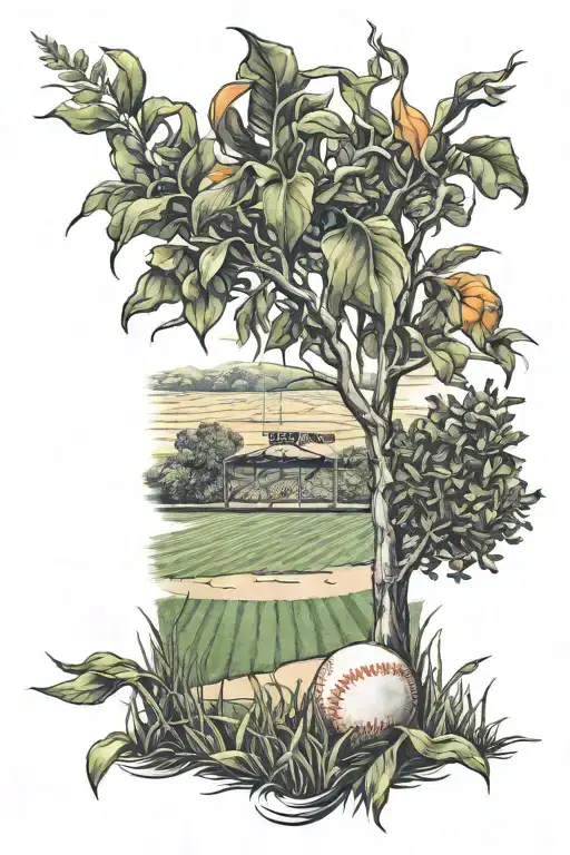 baseball field with corn field and an Orange tree tattoo design idea