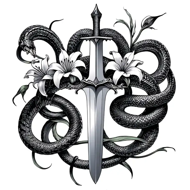 sword with 2 snakes wrapping around it with spider lilys tattoo design idea