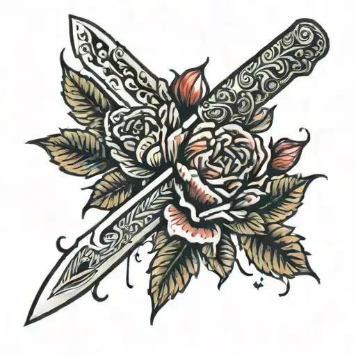 knife stabbing bloody flowers tattoo design idea