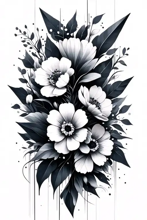 Geometric Flowers intertwined with Geormetric shapes, runnning with vertical lines.  tattoo design idea