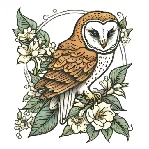 barn owl jasmine flowers tattoo design idea
