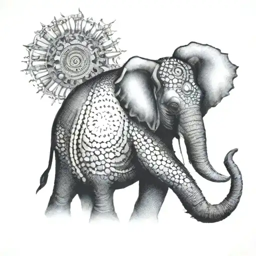 An elephant wearing a crown with a sun in the background tattoo design idea