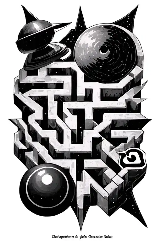 maze tattoo with different symbols from Christopher Nolan movies including the spinning top, black hole, Batman symbol tattoo design idea