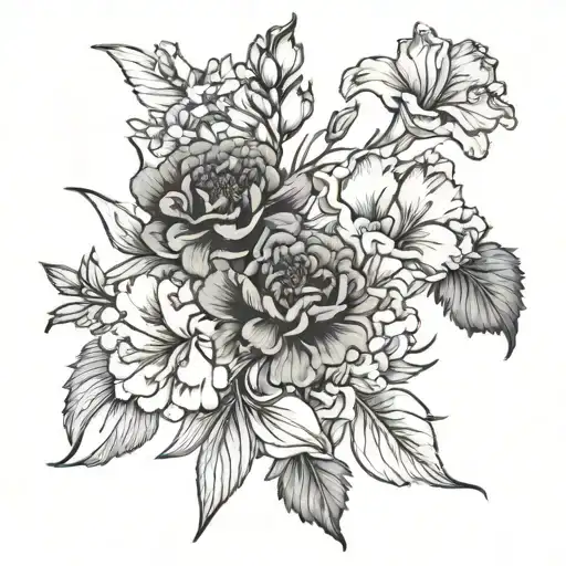 flowe bouquet of two carnations one gladiolus one narcissus, fine line small  tattoo design idea