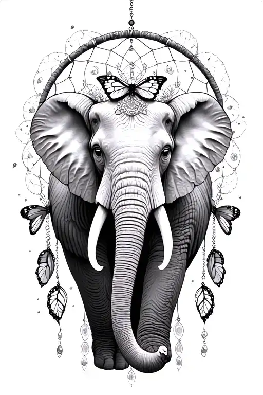 Elephant And Butterfly dream catcher entangled tattoo design idea