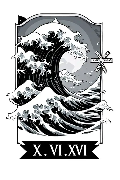 Japanese wave breaking with cross on elbow and Roman numerals X.VI.XVI small font  tattoo design idea