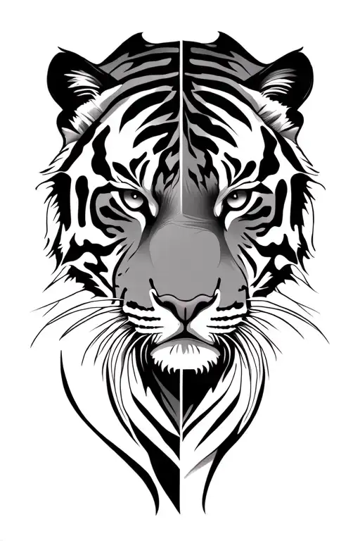 tiger half face and tribal lines geometrical desing tattoo design idea