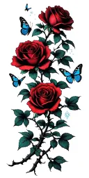 THICK, THORNY ROSE BUSH BRANCHES, THREE PERFECTLY PLACED ROSES BLOOM with butterflies flying by and sparkles tattoo design idea