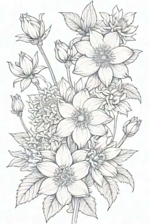chrysanthemum flower, narcissus flower, Delphinium flower, Aster flower, and Violet flower tattoo design idea