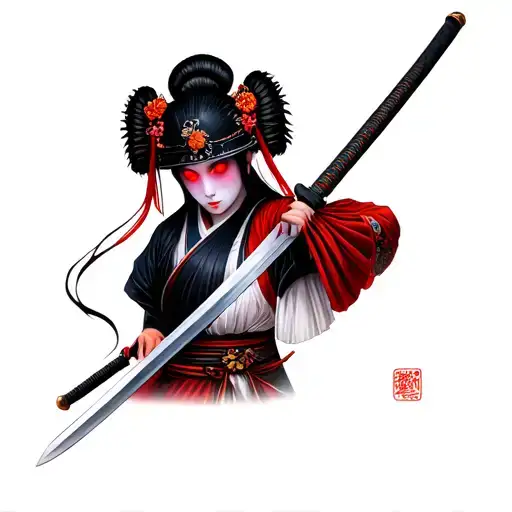 Geisha with glowing red eyes holding a samurai sword with a samurai helment tattoo design idea
