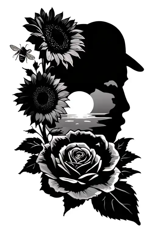 Fine line shoulder cap tattoo. Sunflower and rose with moving leaves, bee, and a sunset are included in the design. Very tattoo design idea