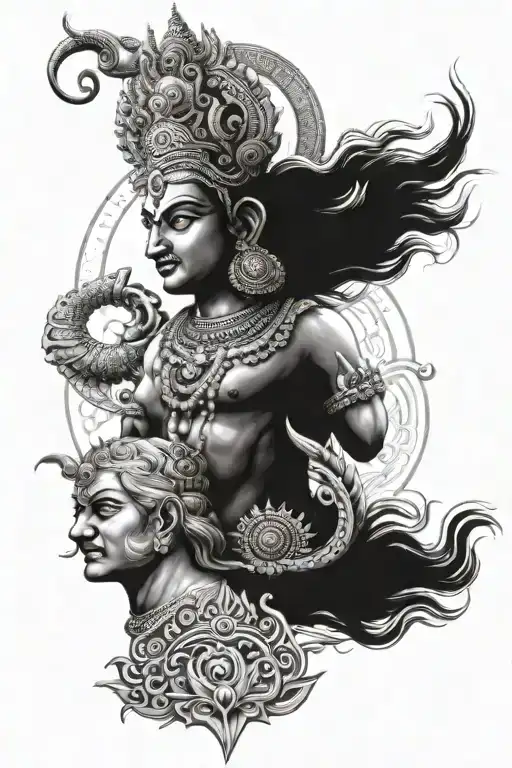 brahma vishnu mahesh sun in back ground tattoo design idea