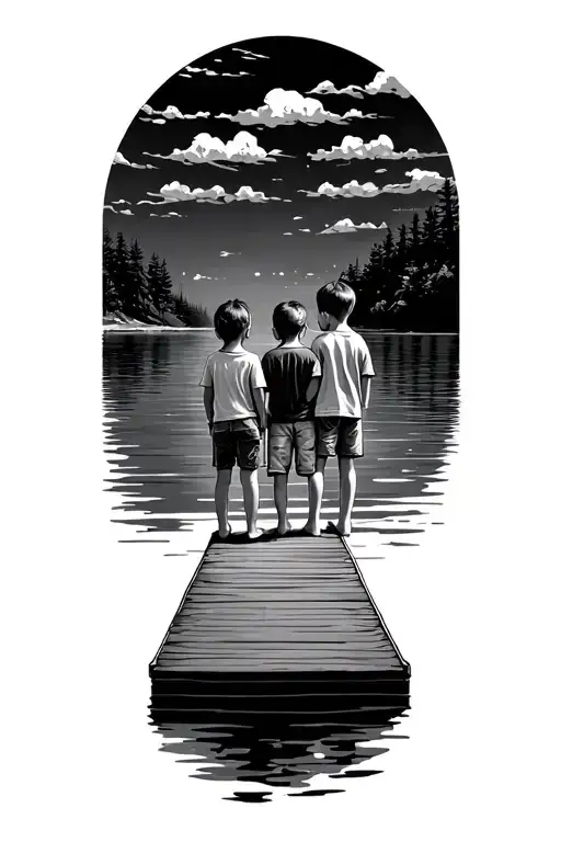 3 kids standing on dock extending into a serene tattoo design idea