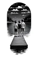 3 kids standing on dock extending into a serene tattoo design idea