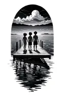 3 kids standing on dock extending into a serene tattoo design idea