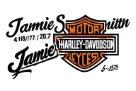 "Jamie Smith 4/18/71 - 5/27/25" Harley Davidson logo tattoo design idea