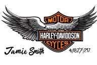 "Jamie Smith 4/18/71 - 5/27/25" Harley Davidson logo tattoo design idea