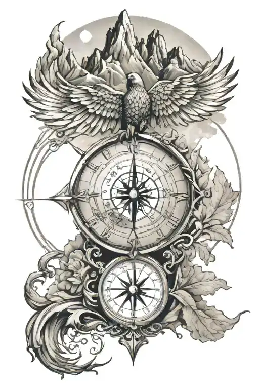 phoenix compass mountains wind travel tattoo design idea