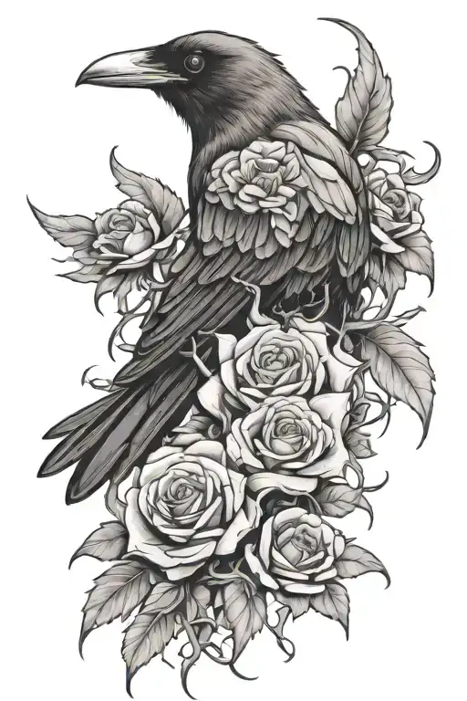 crow trapped in rose thorns tattoo design idea