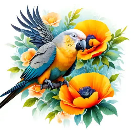 Gabon gray parrot, poppy, tree, dream catch tattoo design idea