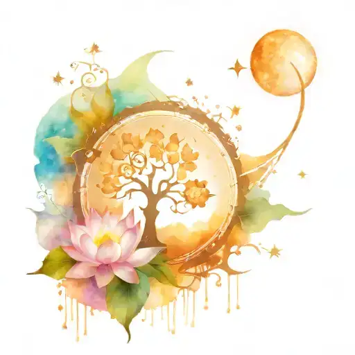 Meditation charas lotus flower tree of life surrounded by the universe with Crescent moon planets and stars half sleeve  tattoo design idea
